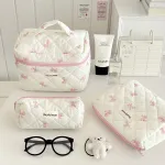 Blue floral quilted makeup bag with large capacity