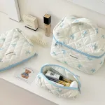 Blue floral quilted makeup bag with large capacity