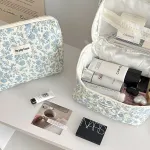 Blue floral quilted makeup bag with large capacity