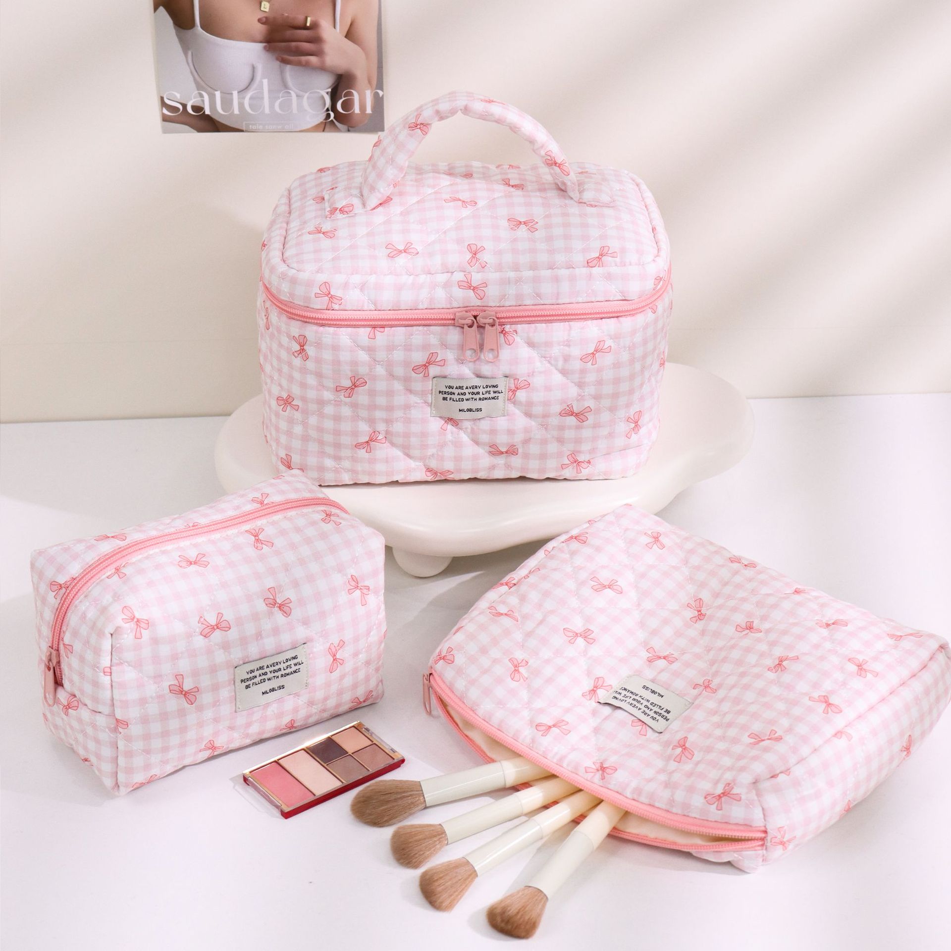 Cherry Cat Quilted Makeup Bag