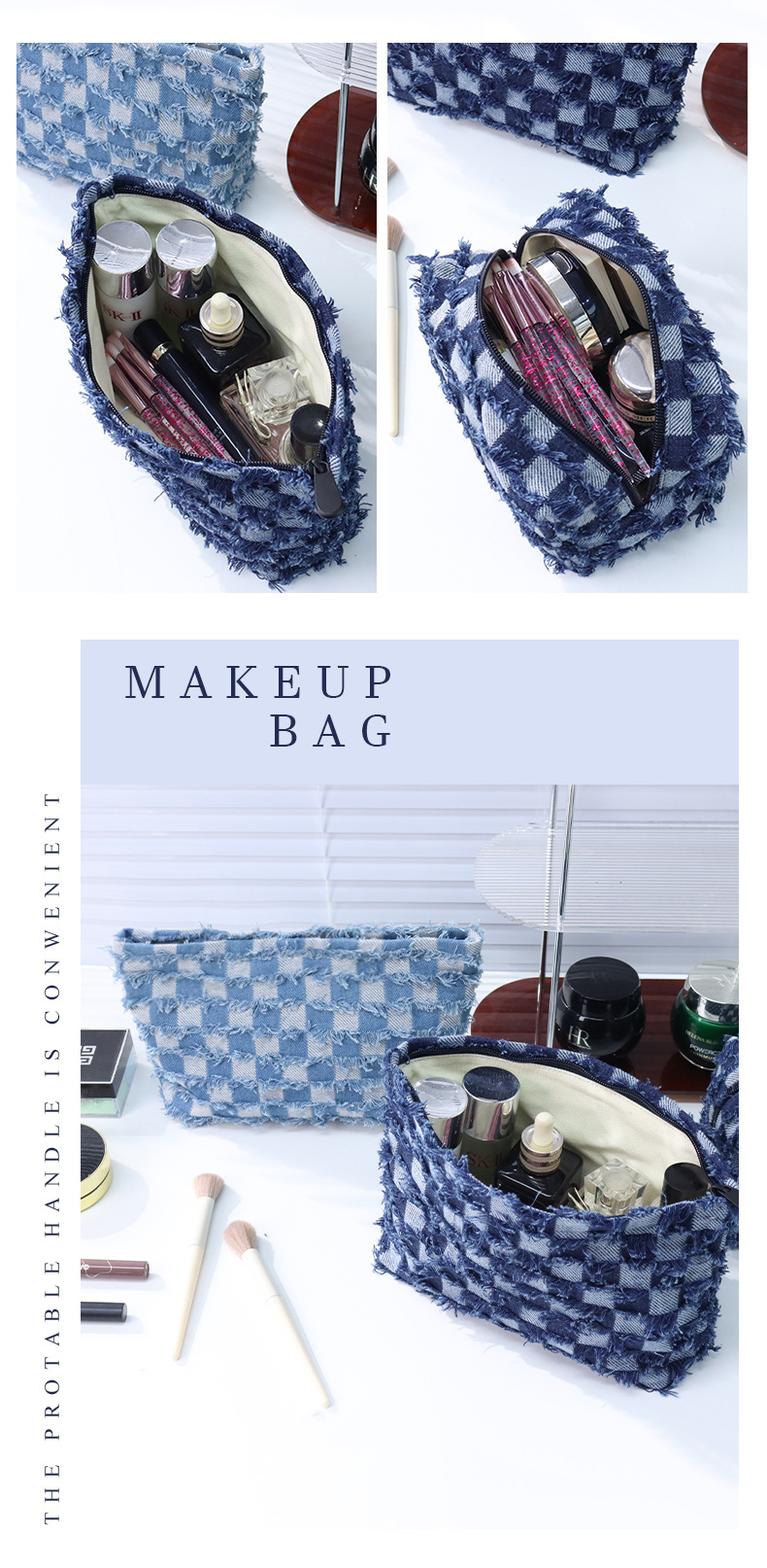 Cowboy Chess Card Grid Portable Makeup Bag with Large Capacity