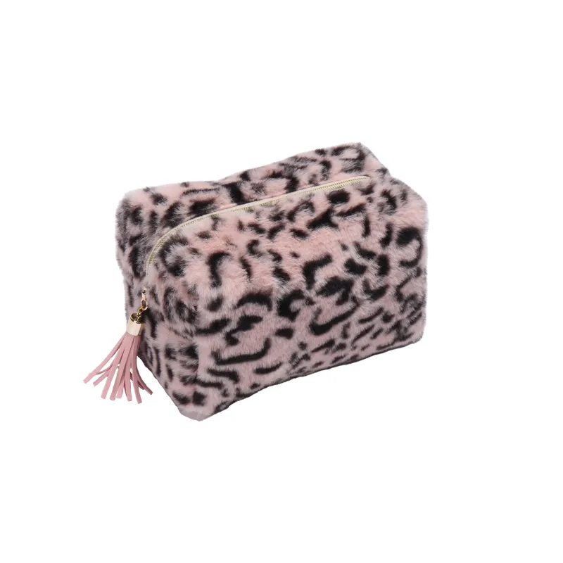 Plush leopard print makeup bag with large capacity