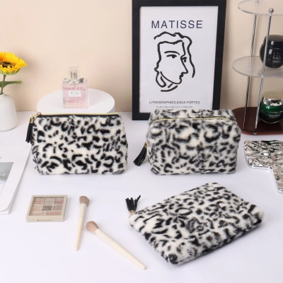 Plush leopard print makeup bag with large capacity 02