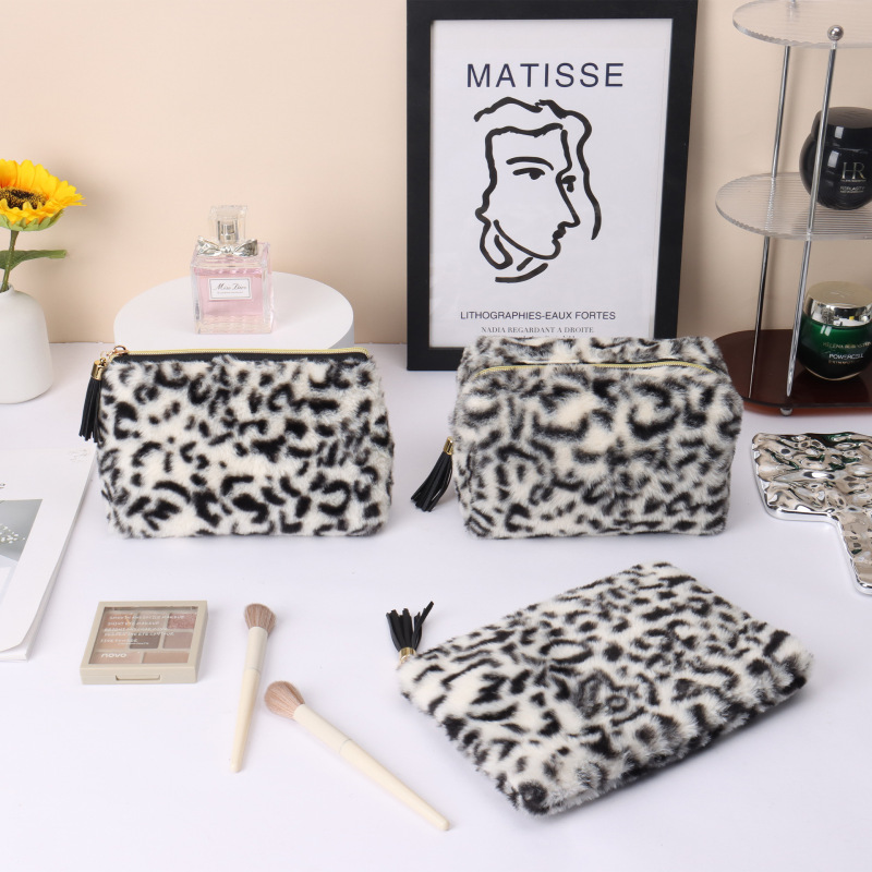 Plush leopard print makeup bag with large capacity