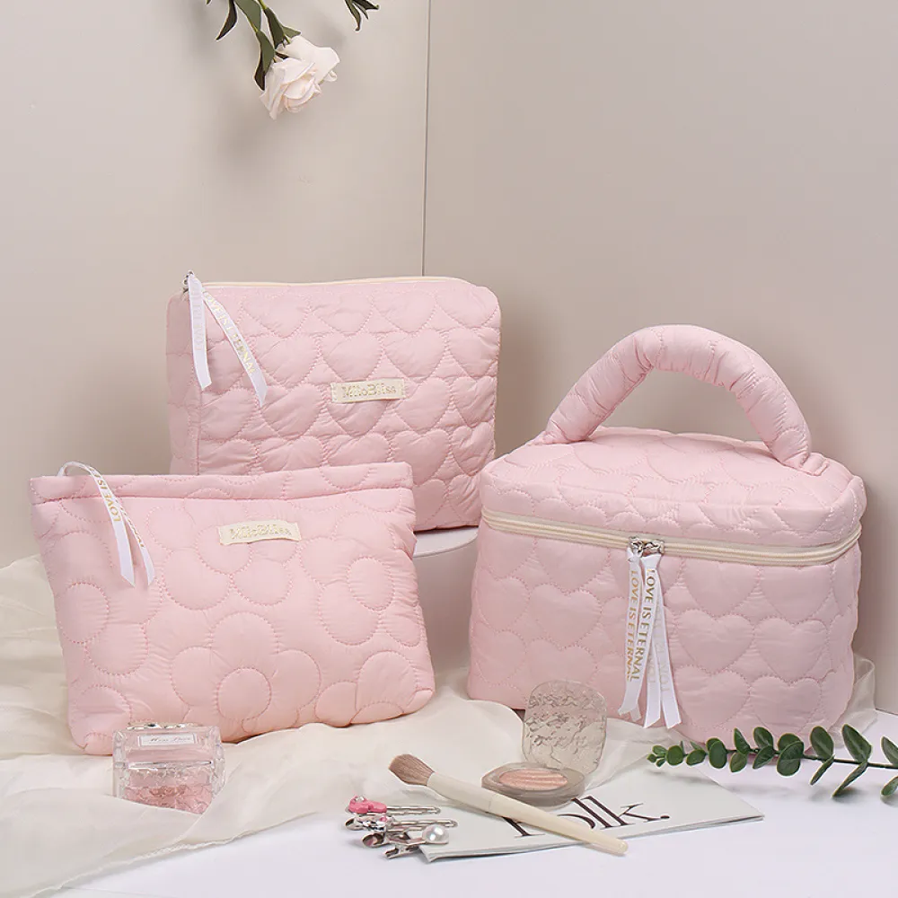 Quilted Love Flower Makeup Bag