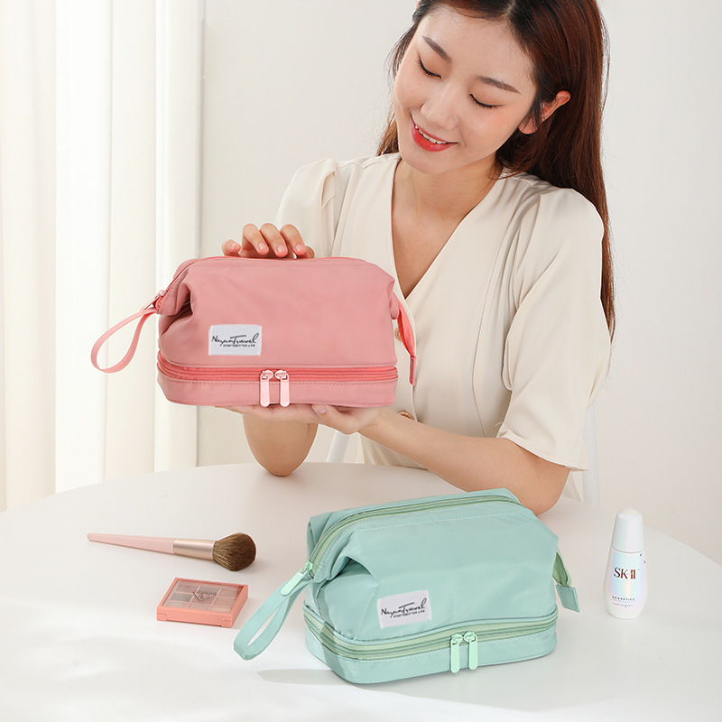 Double layered portable makeup bag with large capacity