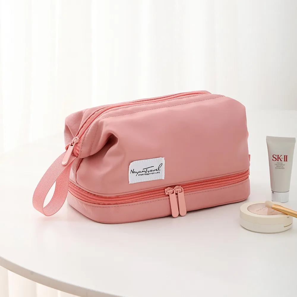 Double layered portable makeup bag with large capacity