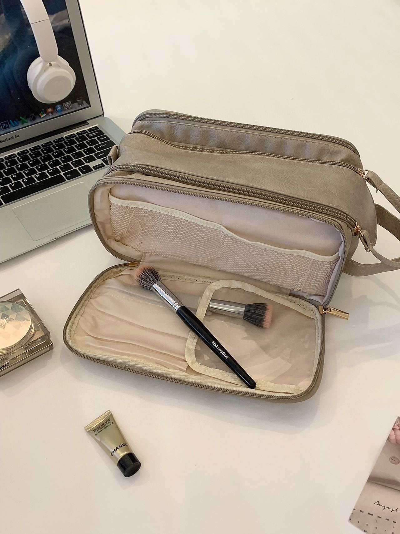 Double zipper PU leather makeup bag