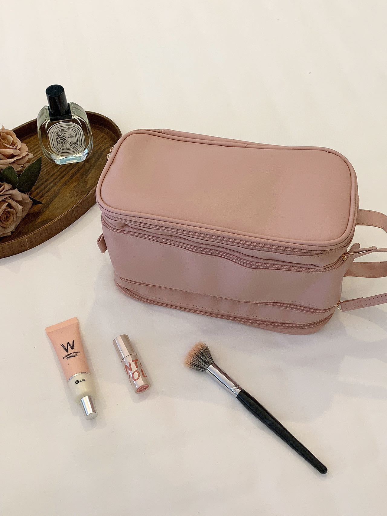 Double zipper PU leather makeup bag