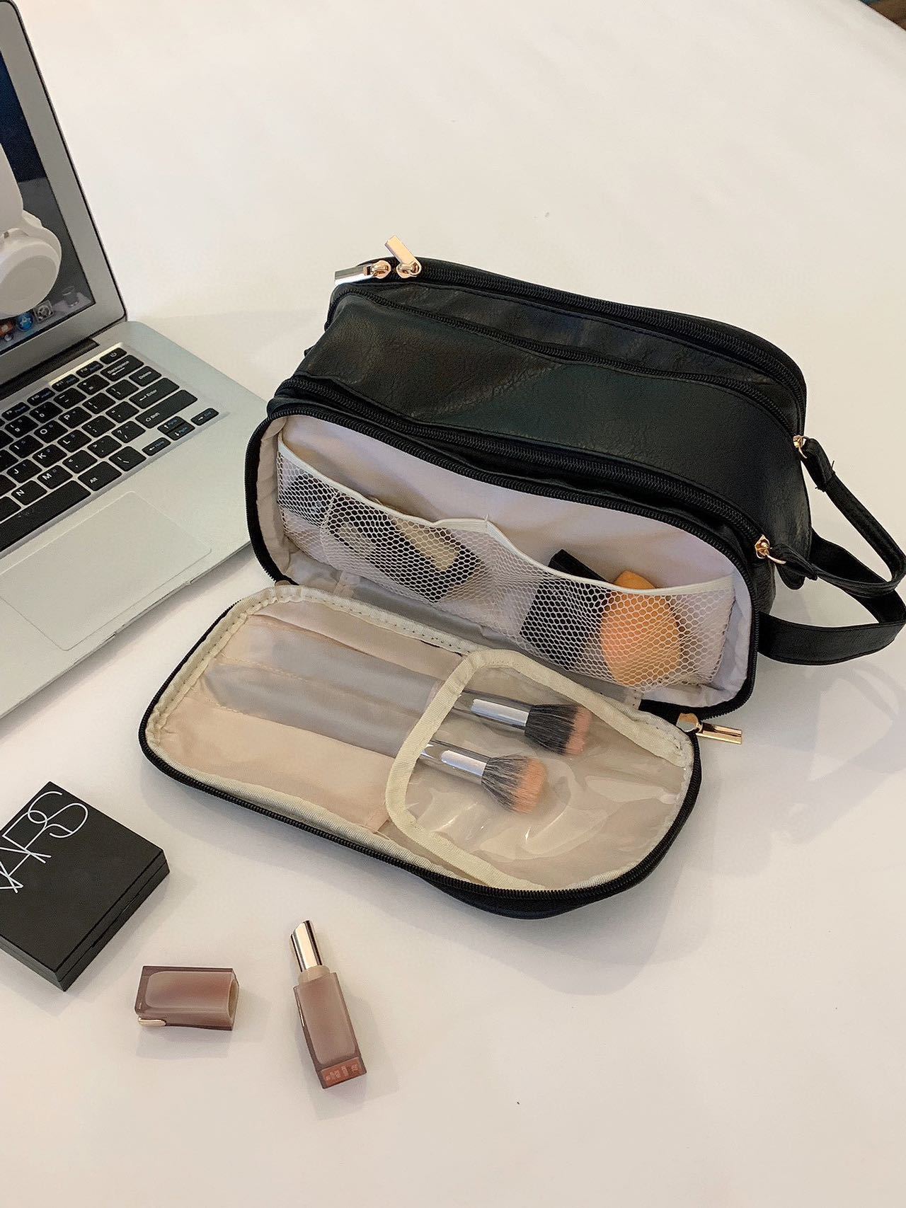 Double zipper PU leather makeup bag