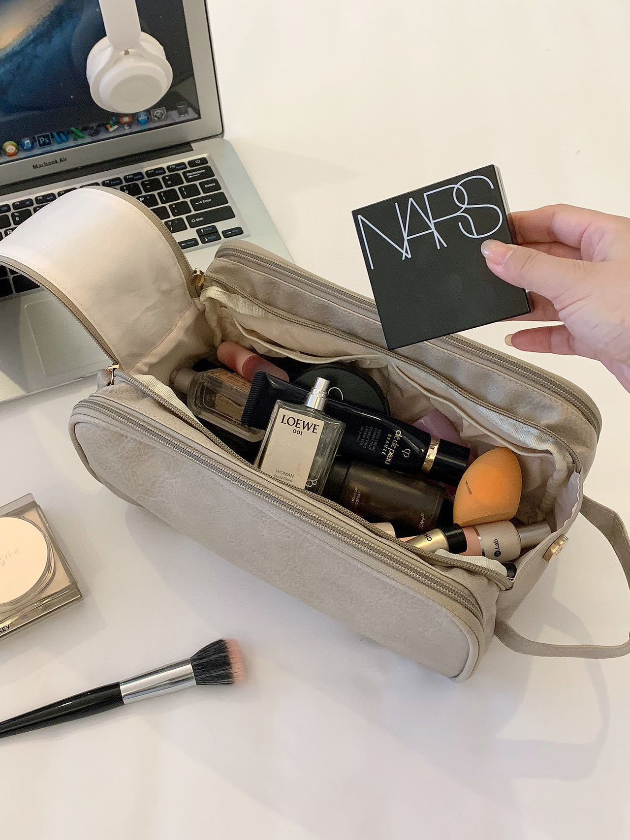 Double zipper PU leather makeup bag