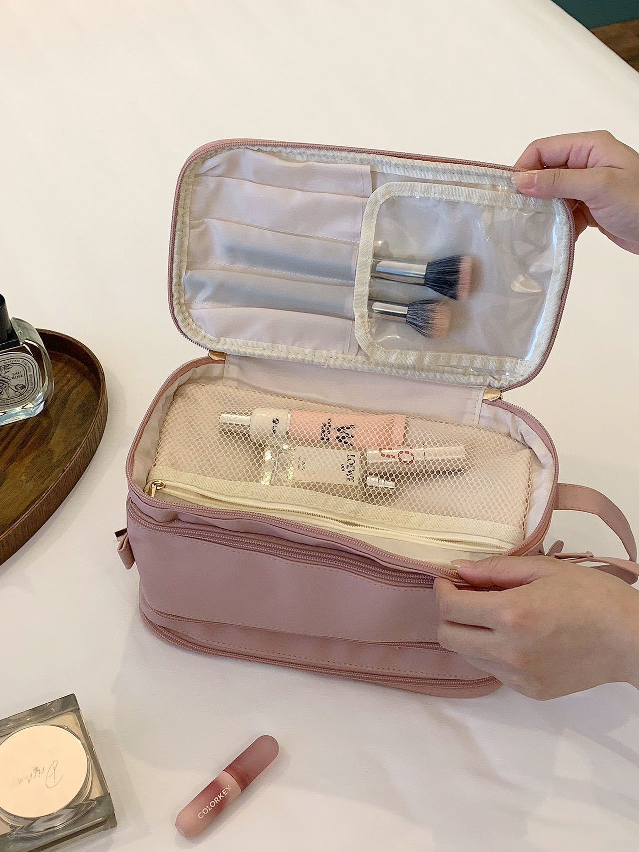 Double zipper PU leather makeup bag