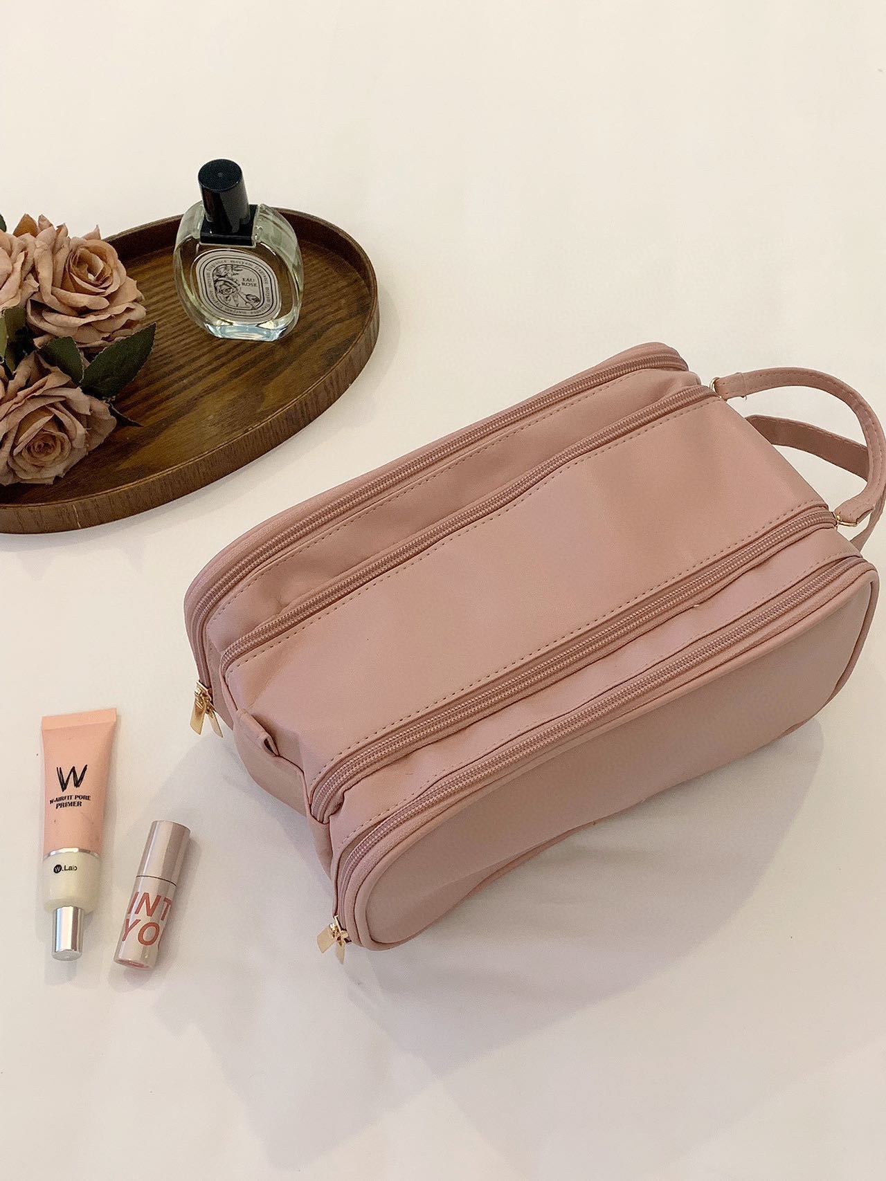 Double zipper PU leather makeup bag