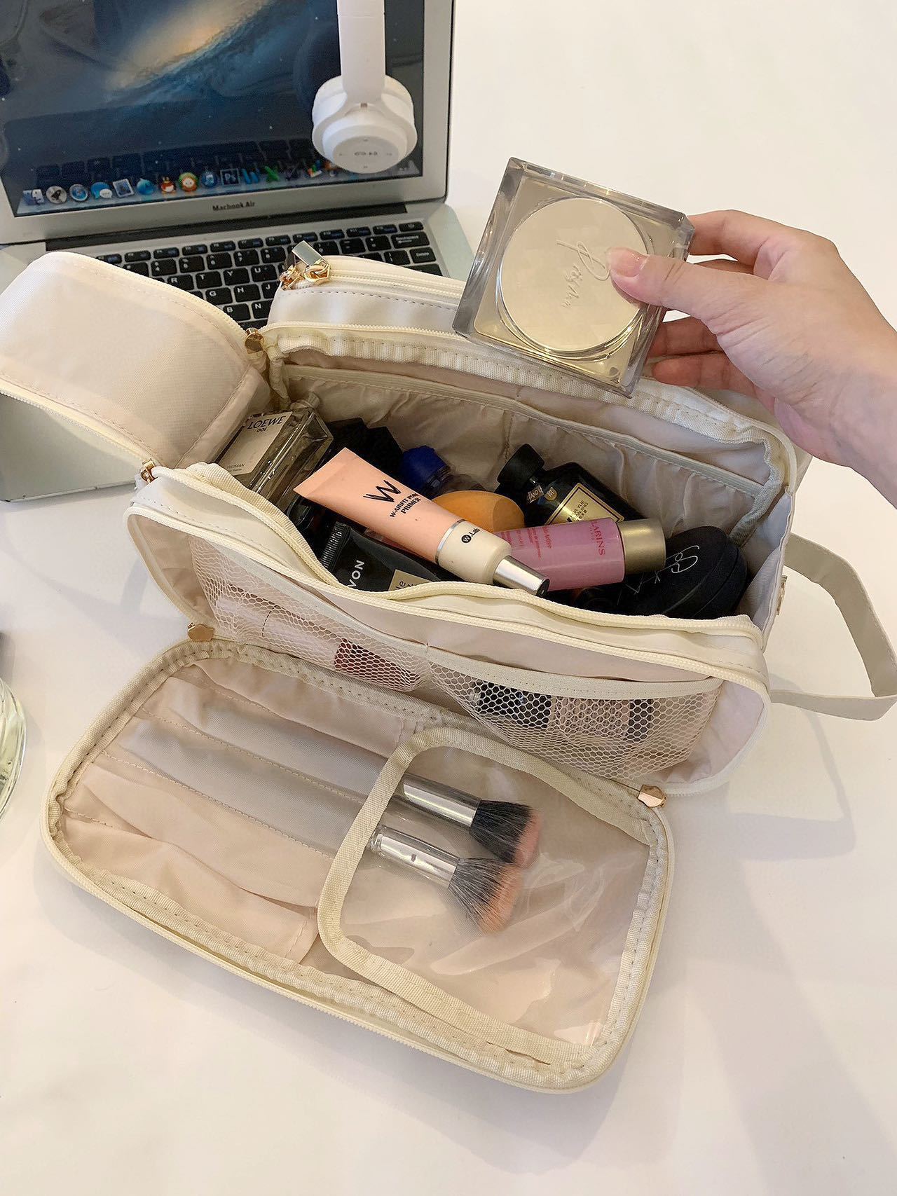 Double zipper PU leather makeup bag