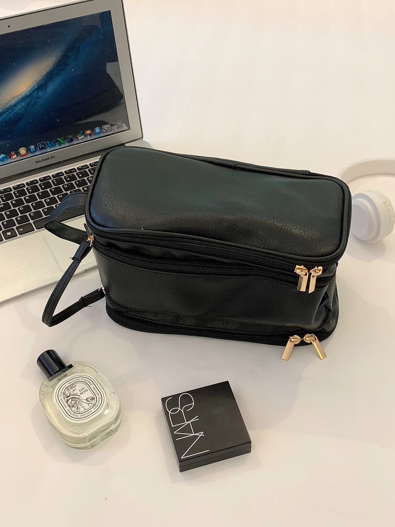 Double zipper PU leather makeup bag