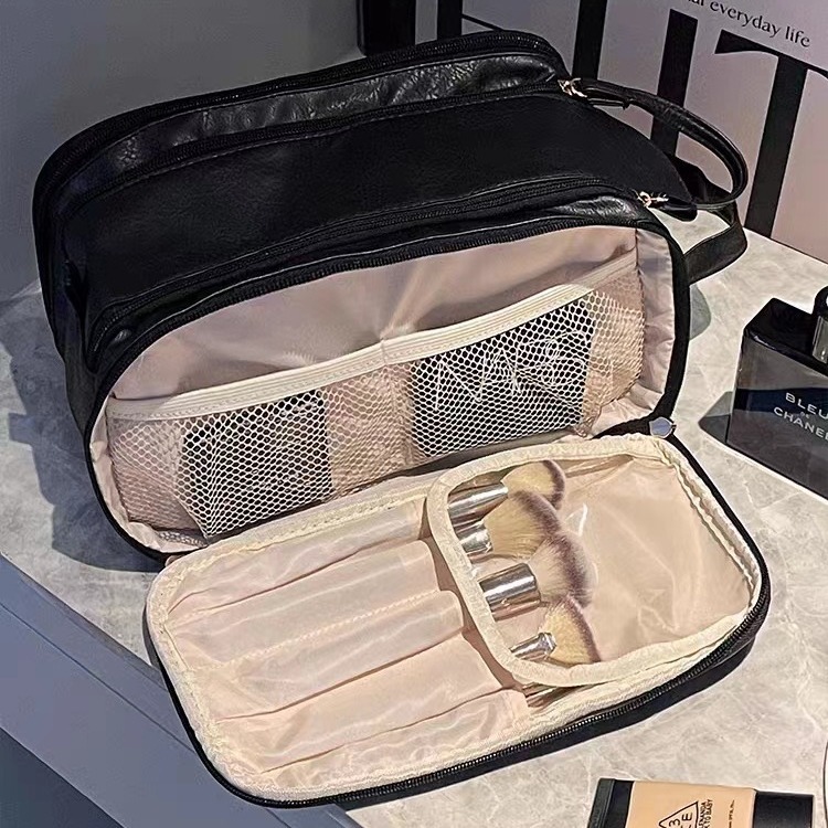 Double zipper PU leather makeup bag