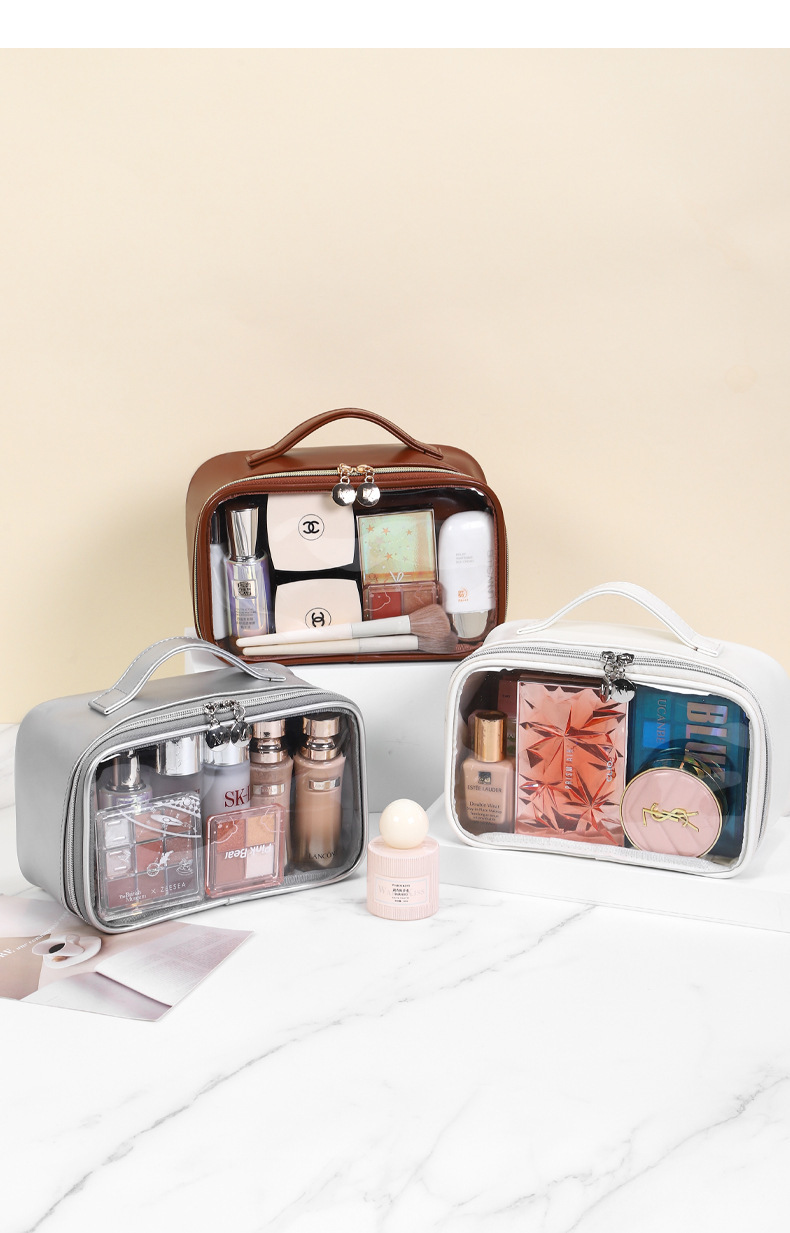 PU semi transparent makeup bag, three-dimensional and non collapsing