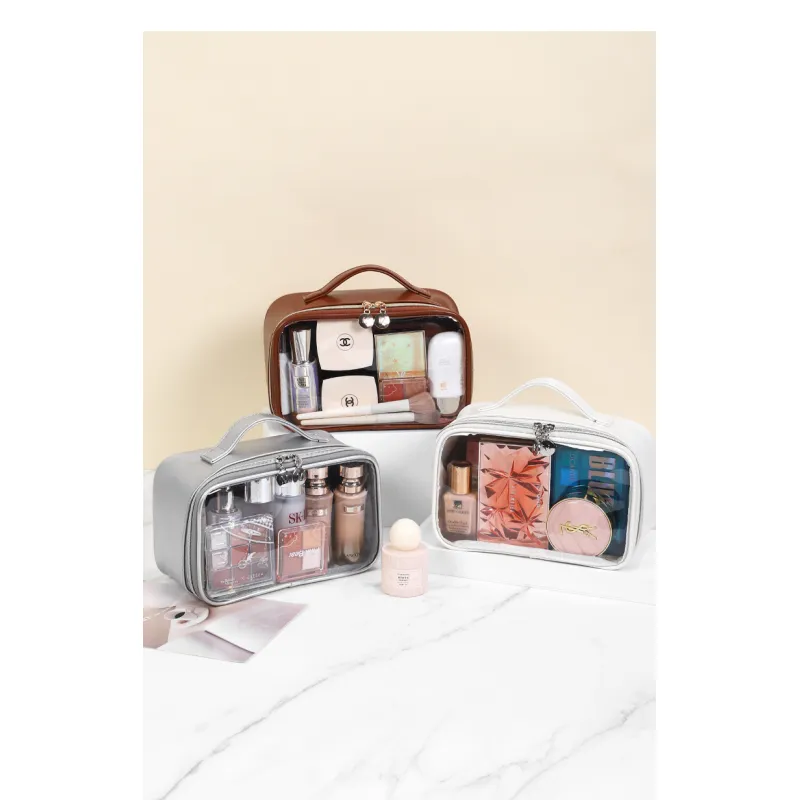 PU semi transparent makeup bag, three-dimensional and non collapsing