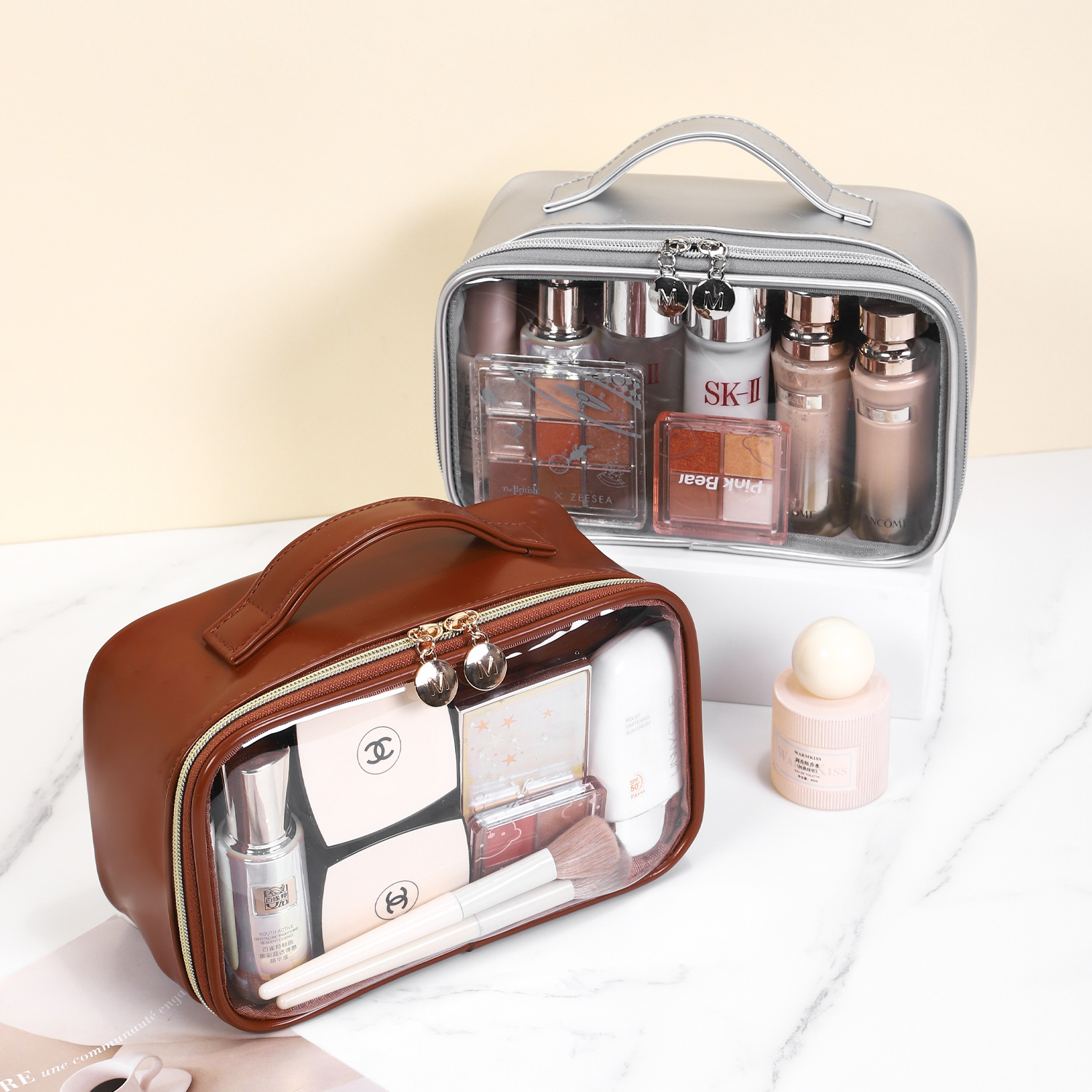 PU semi transparent makeup bag, three-dimensional and non collapsing