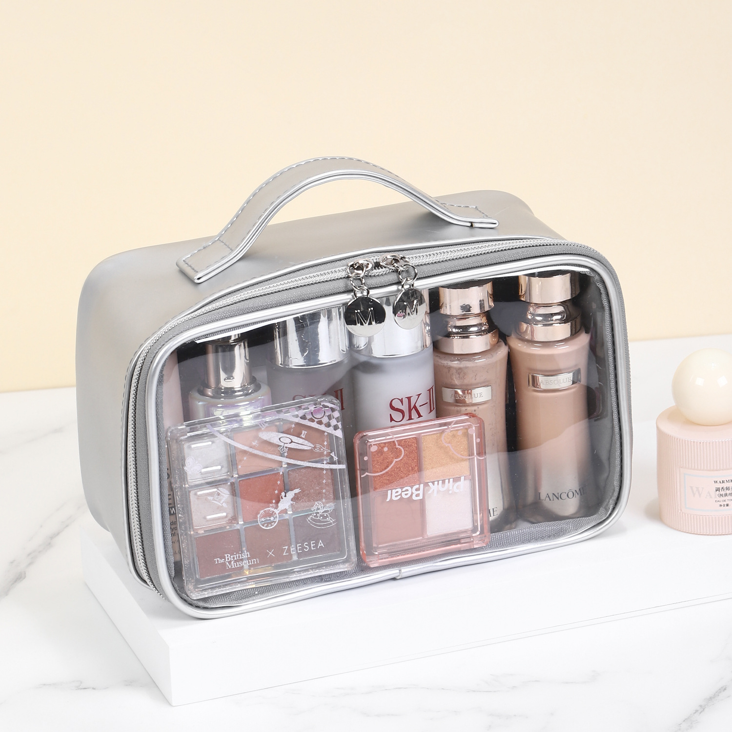 PU semi transparent makeup bag, three-dimensional and non collapsing