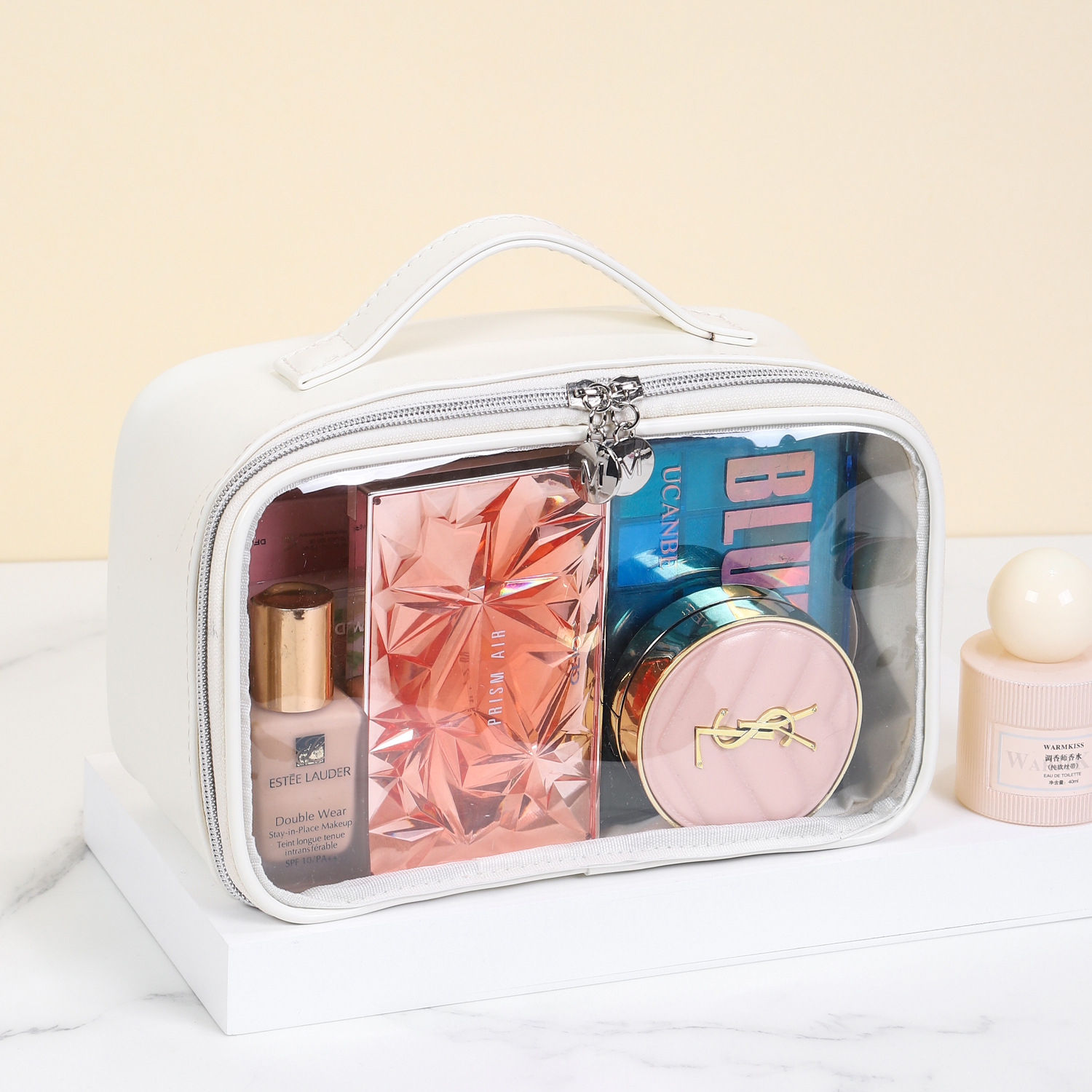 PU semi transparent makeup bag, three-dimensional and non collapsing