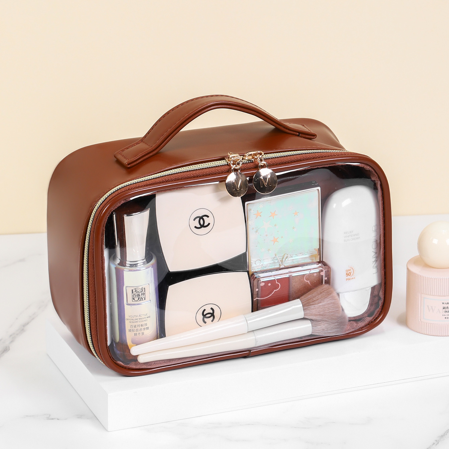 PU semi transparent makeup bag, three-dimensional and non collapsing