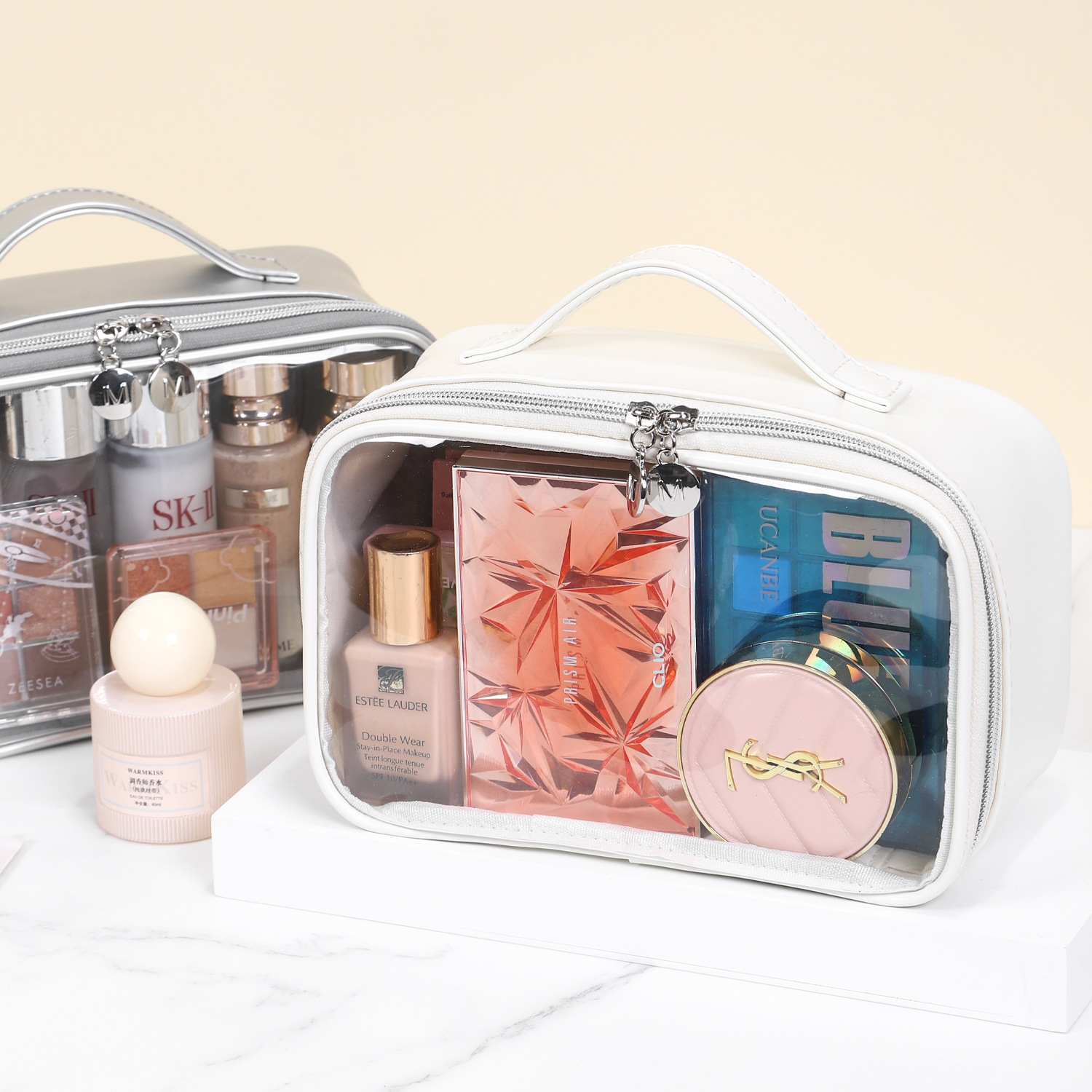 PU semi transparent makeup bag, three-dimensional and non collapsing