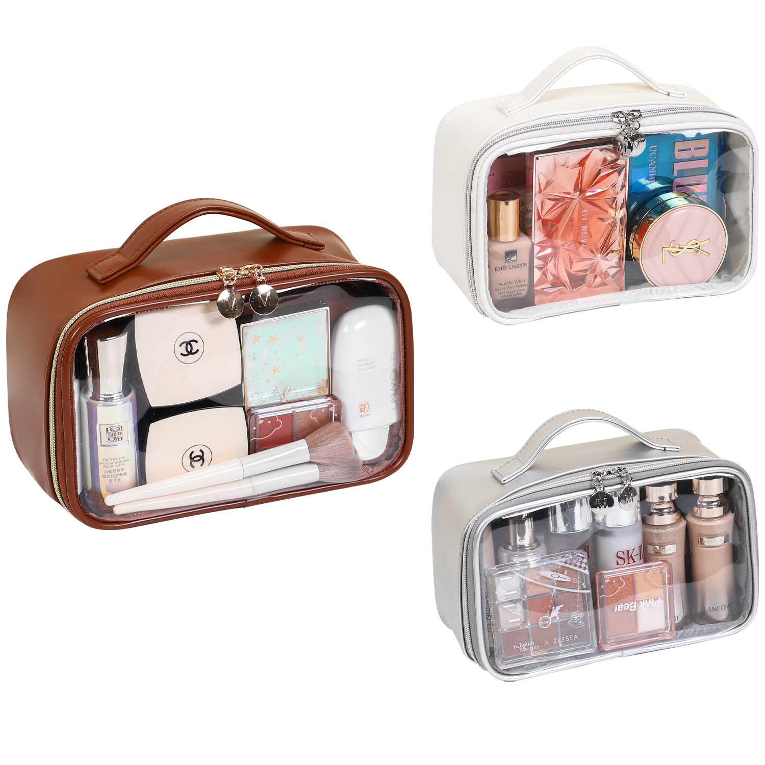 PU semi transparent makeup bag, three-dimensional and non collapsing