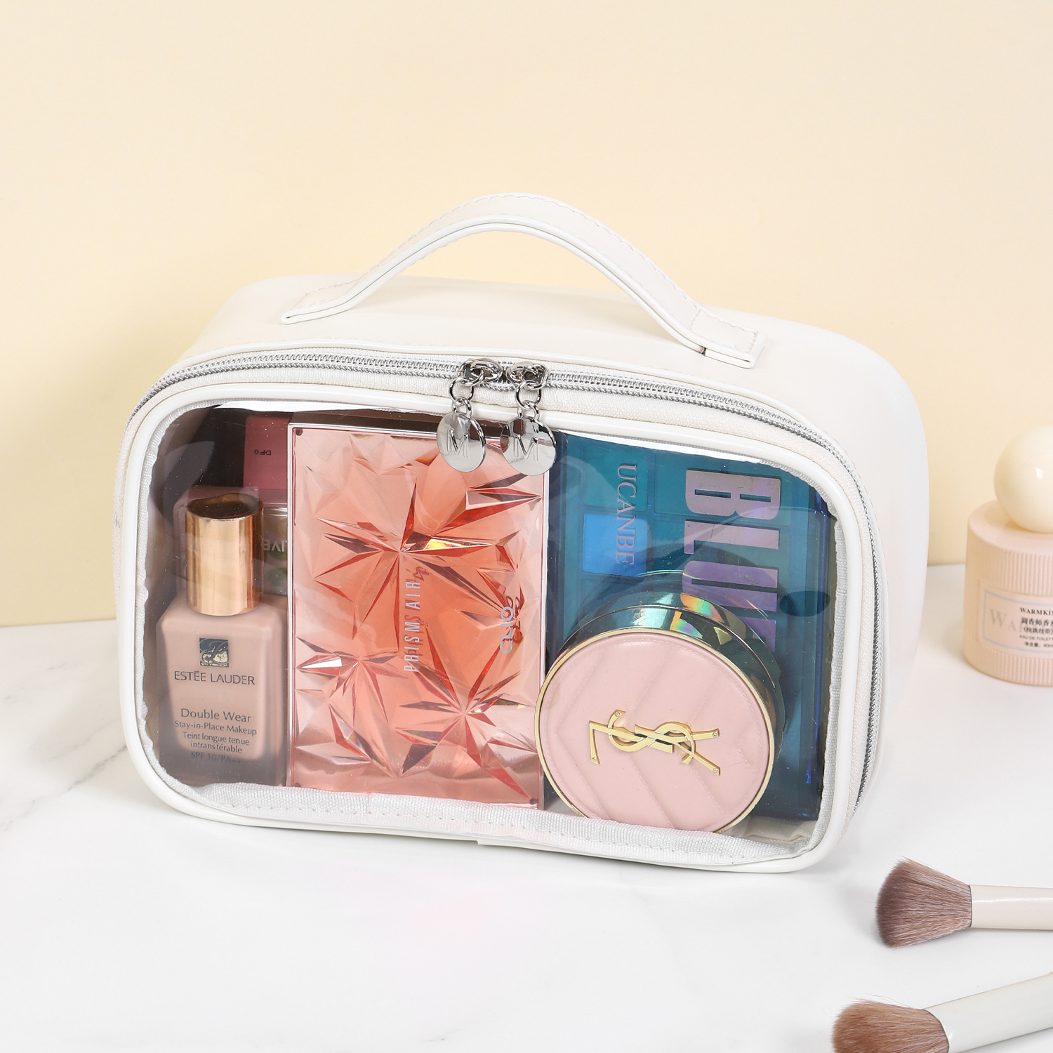 PU semi transparent makeup bag, three-dimensional and non collapsing