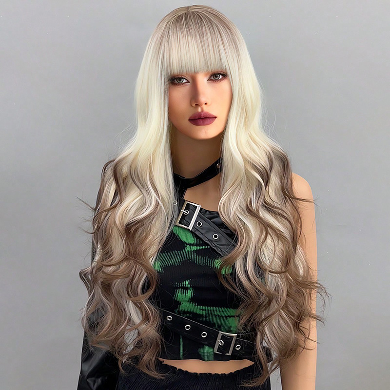 Full head gradient long roll layered fluffy natural micro roll wig