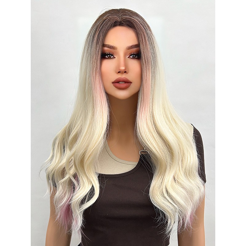 Wig full head color long curly hair, air long bangs fluffy