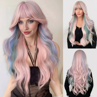 Wig full head color long curly hair, air long bangs fluffy 01