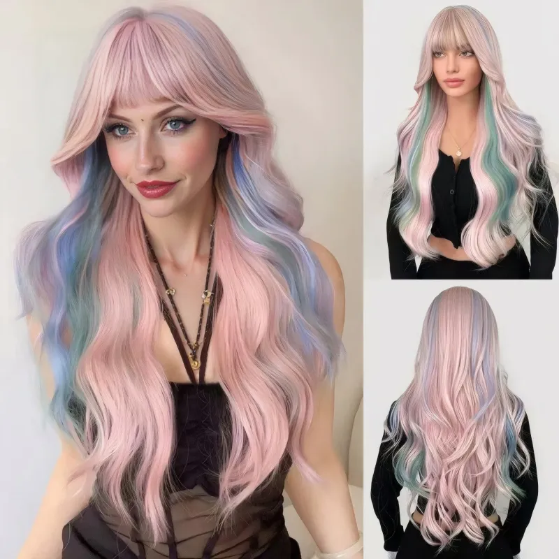 Wig full head color long curly hair, air long bangs fluffy