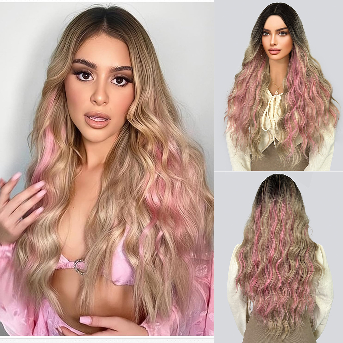 Wig full head color long curly hair, air long bangs fluffy