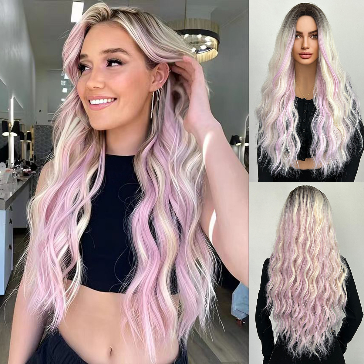 Wig full head color long curly hair, air long bangs fluffy