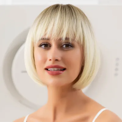 Wig with short, straight & natural bangs all over the head 02