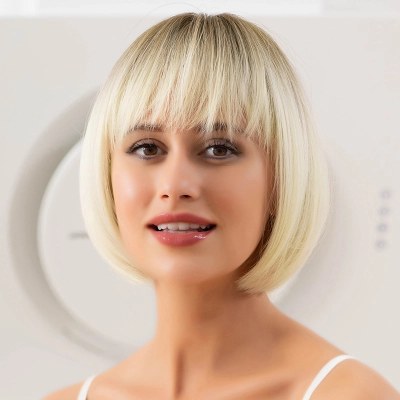 Wig with short, straight & natural bangs all over the head 02