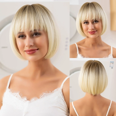 Wig with short, straight & natural bangs all over the head 01