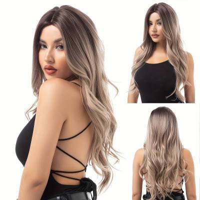 Gradient gray blonde brown wig with natural wavy long hair 01