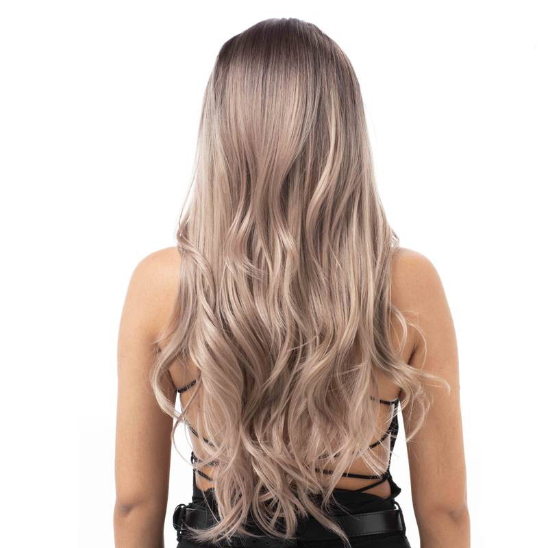 Gradient gray blonde brown wig with natural wavy long hair