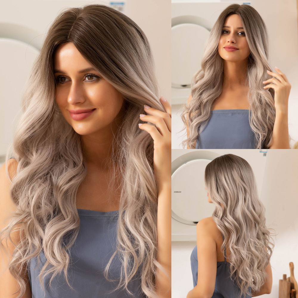 Gradient gray blonde brown wig with natural wavy long hair