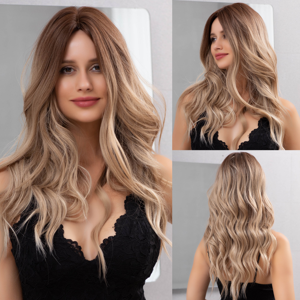 Gradient gray blonde brown wig with natural wavy long hair