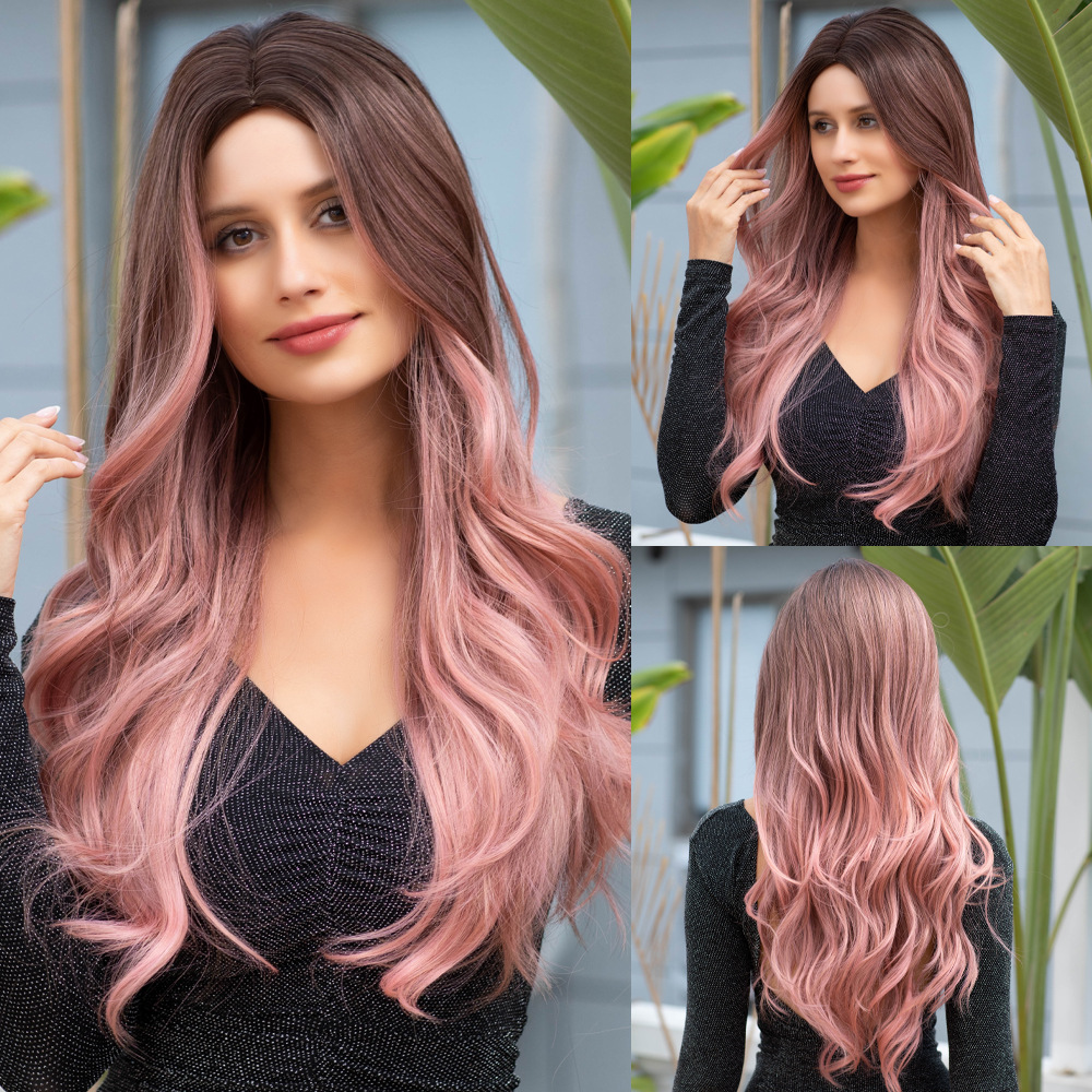 Gradient gray blonde brown wig with natural wavy long hair