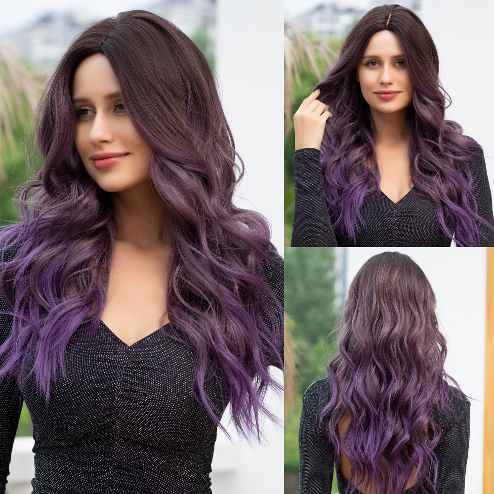 Gradient gray blonde brown wig with natural wavy long hair
