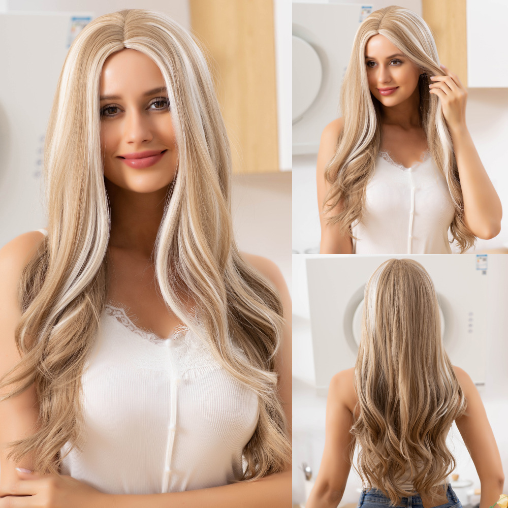 Gradient gray blonde brown wig with natural wavy long hair