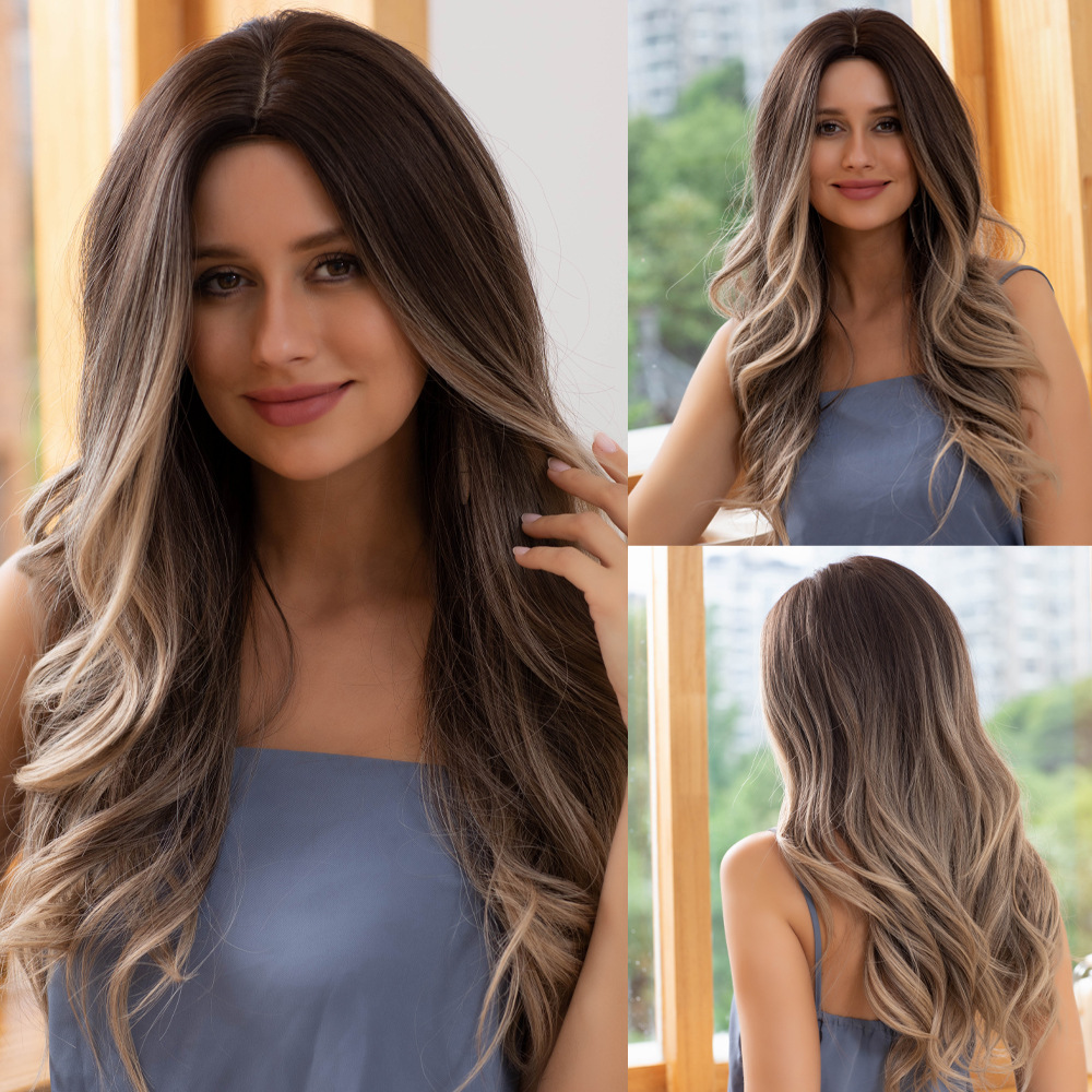 Gradient gray blonde brown wig with natural wavy long hair