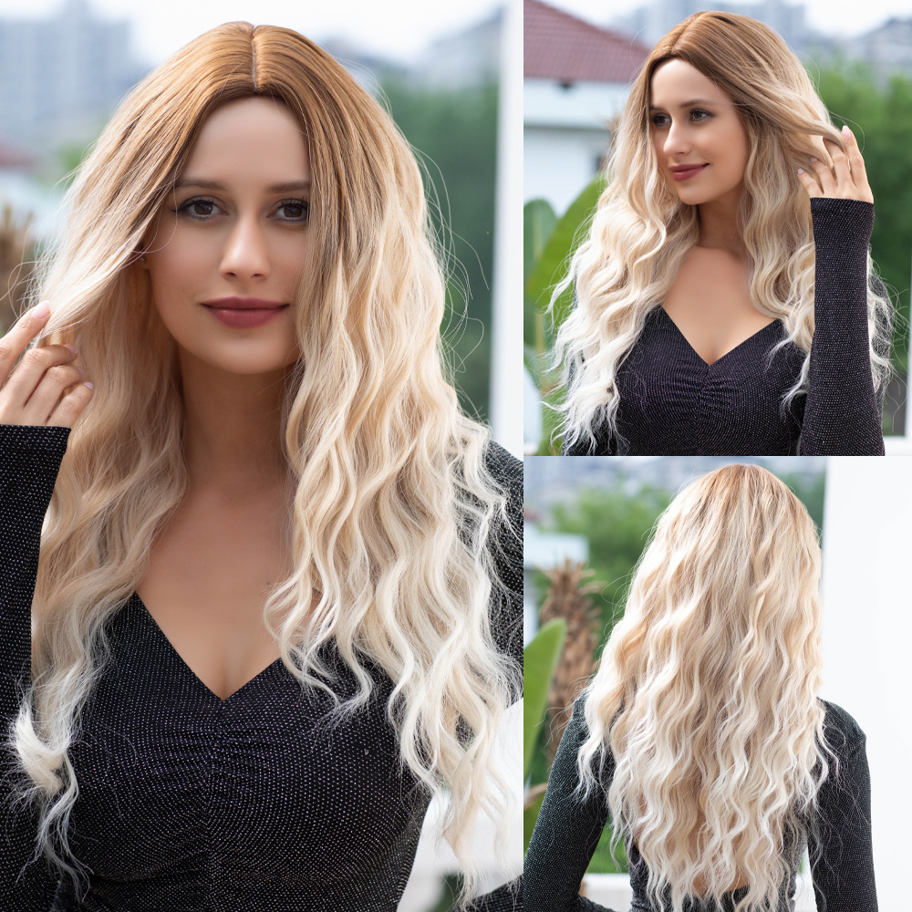Gradient gray blonde brown wig with natural wavy long hair