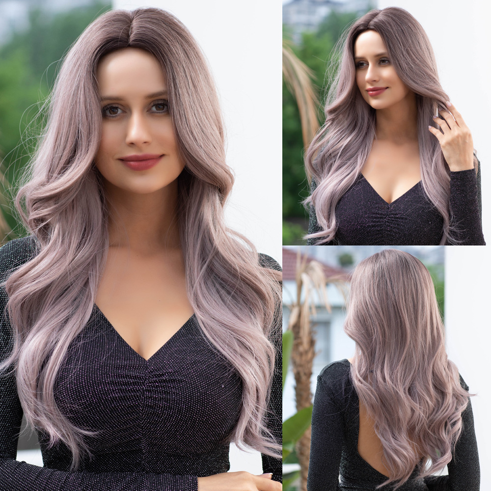 Gradient gray blonde brown wig with natural wavy long hair