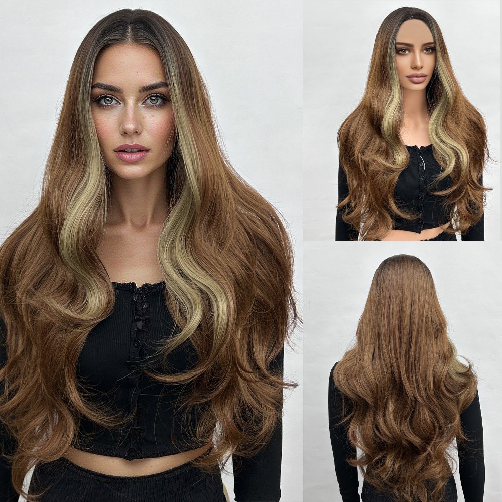Gradient colored long hair, split long curly hair