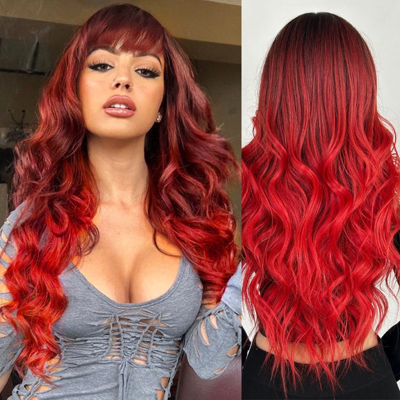 Gradient fringe air long wave curly hair wig